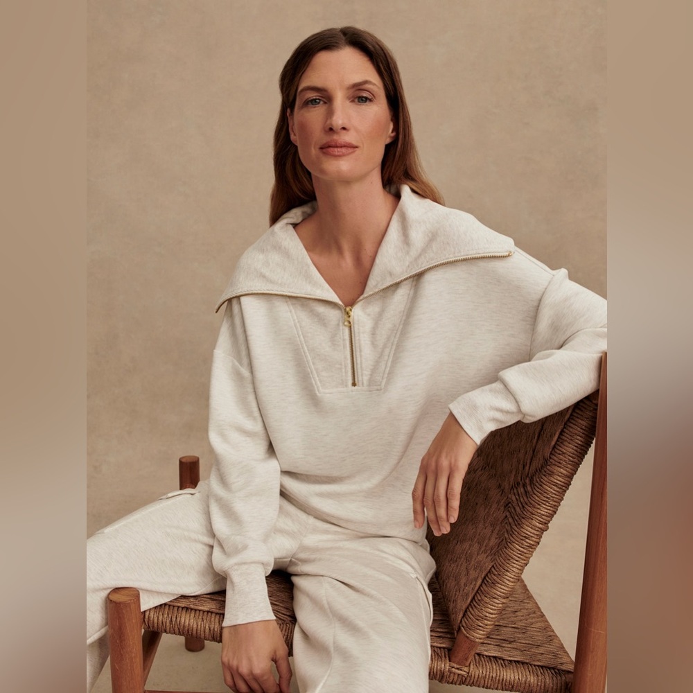 Varley Catherine Half Zip Sweat in Ivory Marl - Picture 3 of 8